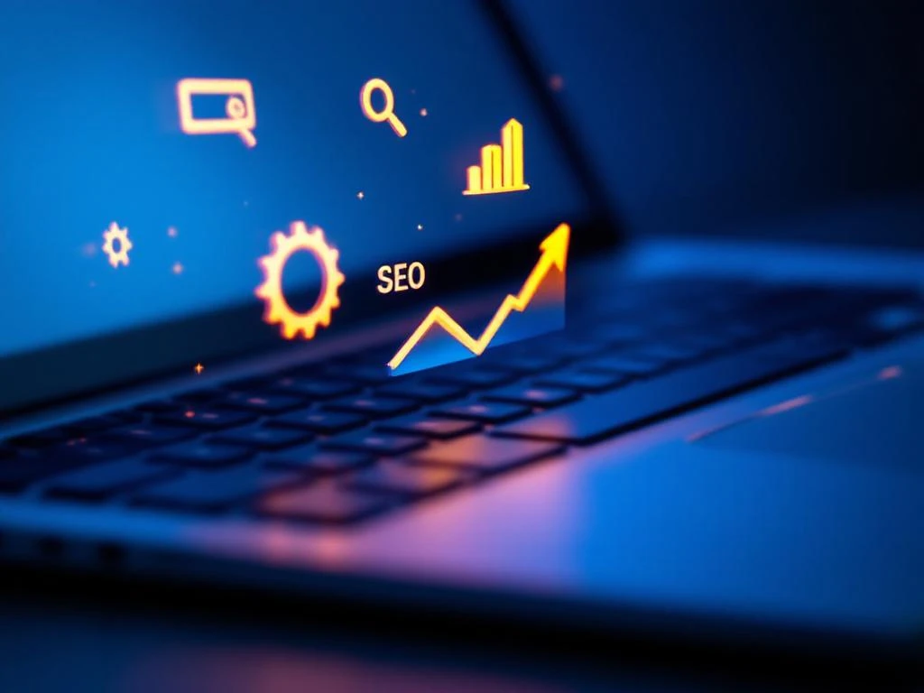 Laptop toetsenbord met zwevende SEO iconen zoals vergrootglas en grafieken in blauw-oranje verlichting