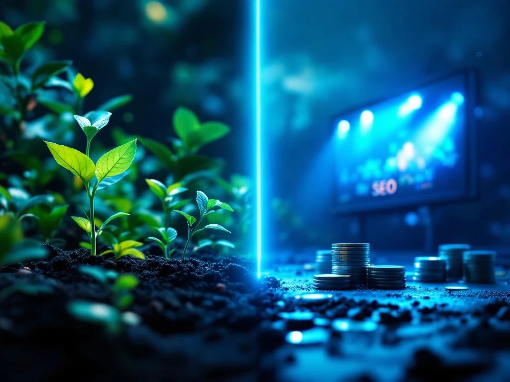 Split-screen vergelijking: organische SEO-tuin met vergrootglas links, digitale SEA-billboard met spotlights rechts